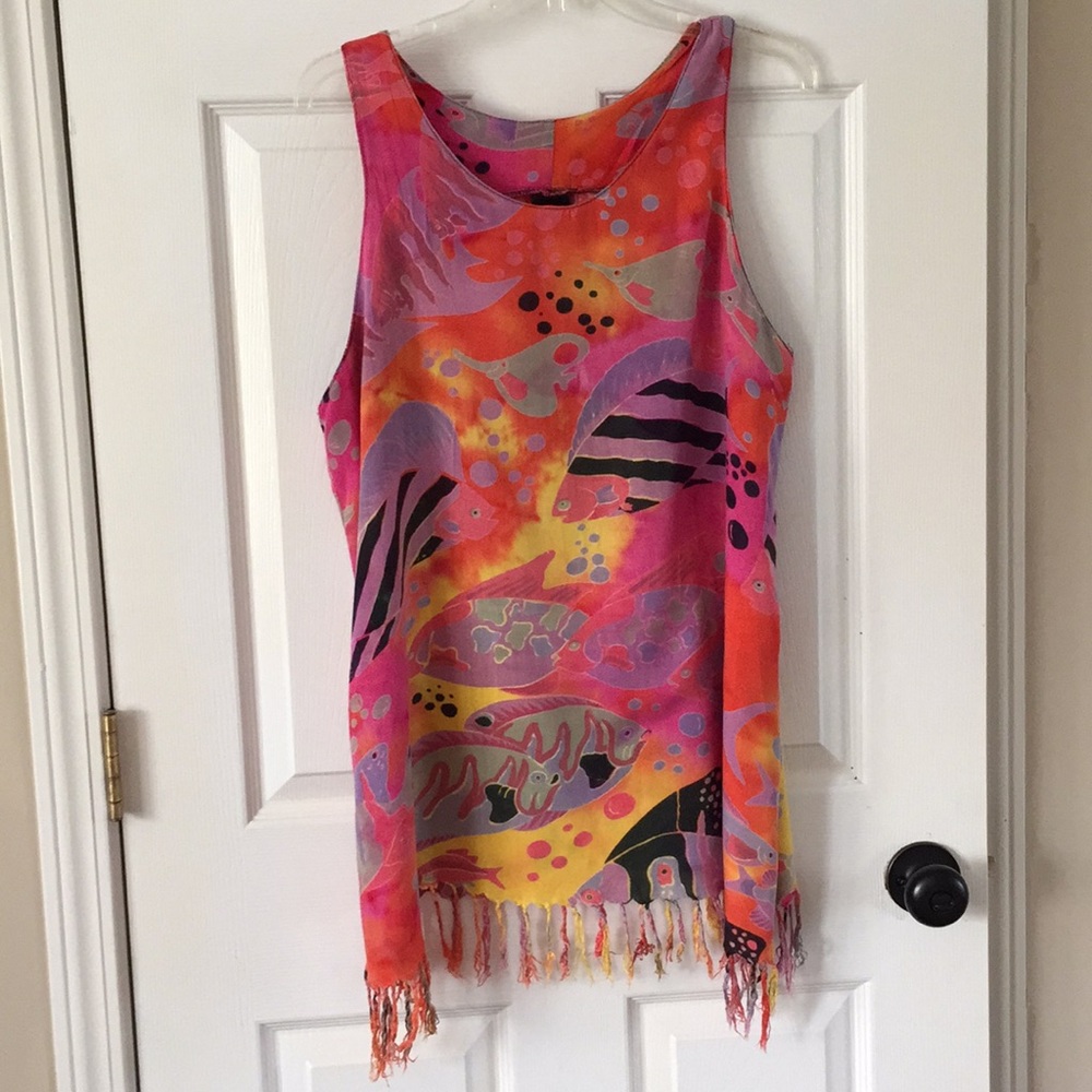 Tropical bathing suit coverup with fringe